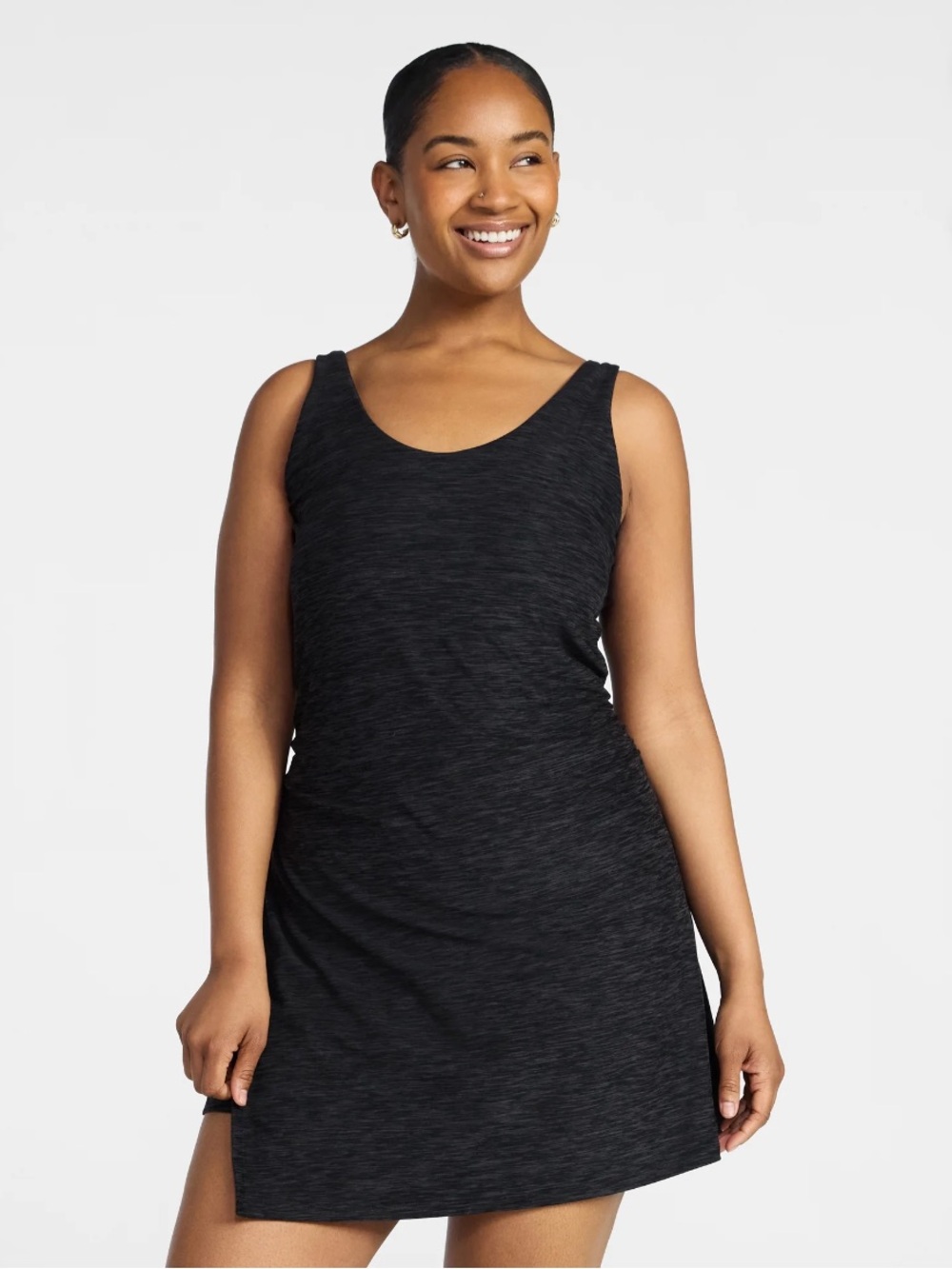 Athletic dress with built-in shorts and tank straps in heathered black